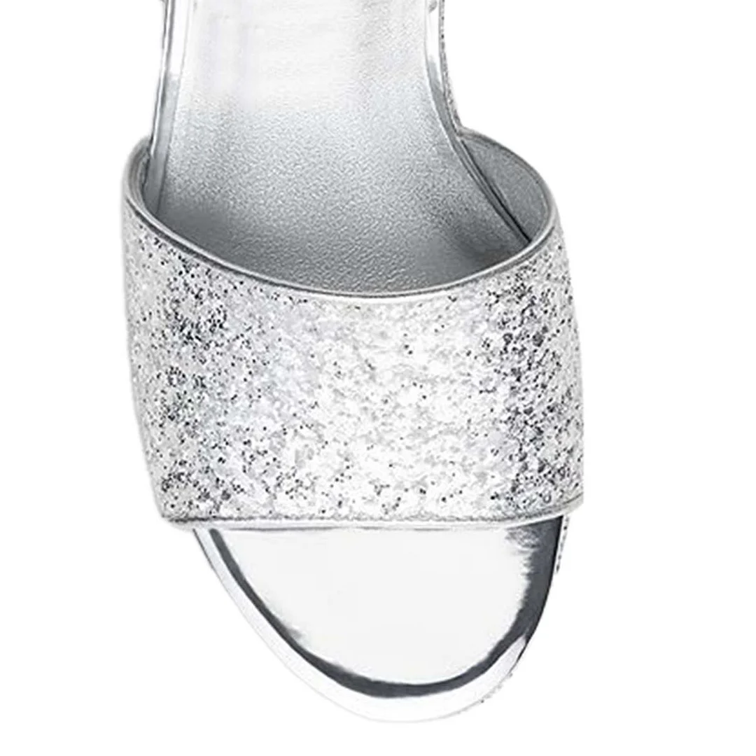 Dazzling Silver Glitter Open Toe Chunky Heel Platform Slide Sandals