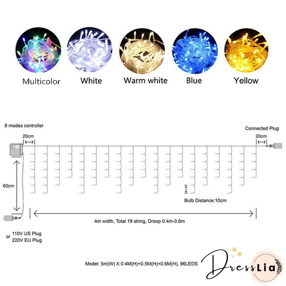 5M Christmas LED Curtain Icicle String Lights Droop 0.4-0.6m AC 110V/220V Garden Street Outdoor Decorative Holiday Light