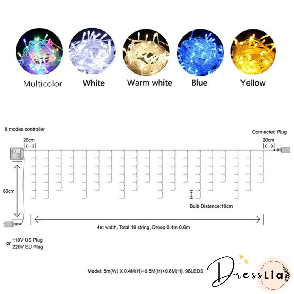 5M Christmas LED Curtain Icicle String Lights Droop 0.4-0.6m AC 110V/220V Garden Street Outdoor Decorative Holiday Light