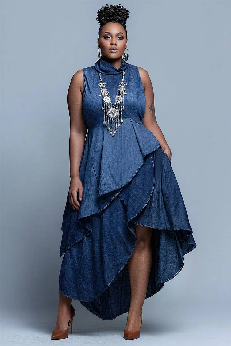 Xpluswear Design Plus Size Business Casual Blue Cowl Neck Ruffle Asymmetric Hem Irregular Hem Tencel Denim Midi Dresses [Pre-Order] 2024 - Xpluswear