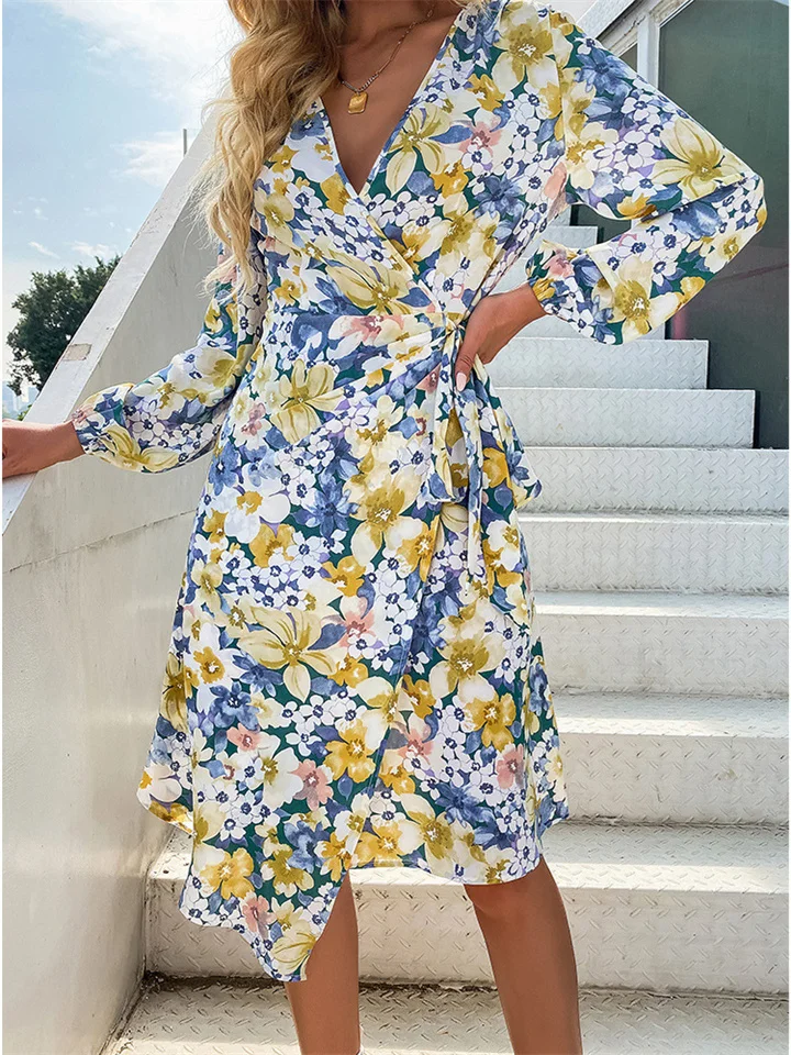 Spring and Summer New Classic Vacation Casual Print Beach Ruffle Floral Skirt Irregular High Waist V-neck Dresses Long Female