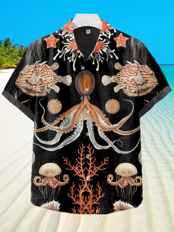 Men's Vintage Vacation Marine Life  Print Print Short Sleeve Shirt
