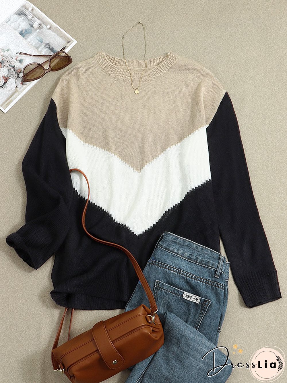 Contrast Color Long Sleeve O-neck Loose Sweater For Women