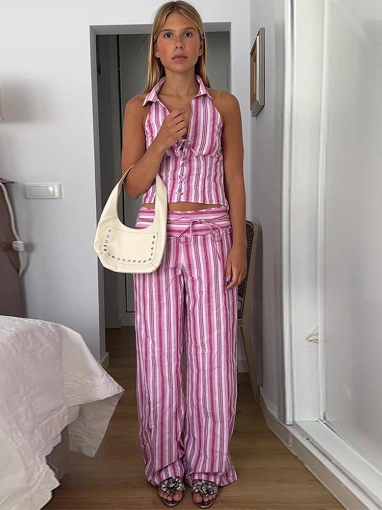 Lifesmybeach Women Striped Lace Up Vest Pants Set Chic Sleeveless Backless Top High Waisted Trousers Suits 2025 New Lady Streetwear Outfits