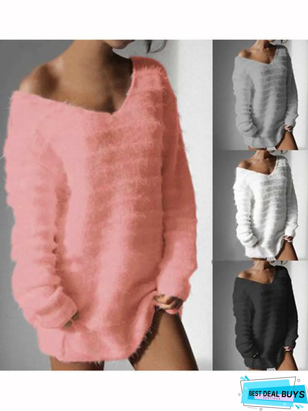 Women V Neck Fuzzy Sweater Solid Cashmere Fleece