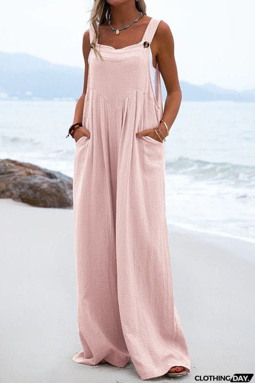 Solid Button Sling Wide-Leg Jumpsuit