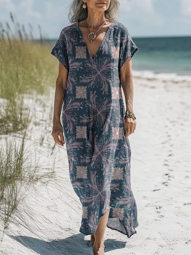 Women's Vintage Flower Art Print Pocket Cotton Dress