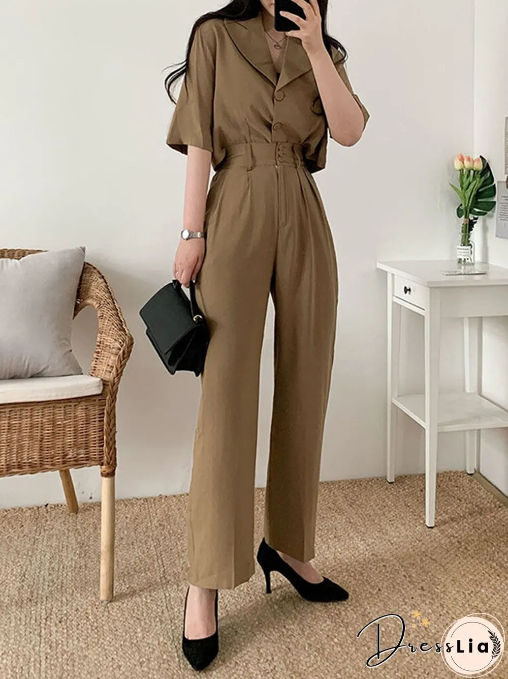 Solid Button Front Pocket Lapel Short Sleeve Two Pieces Suit
