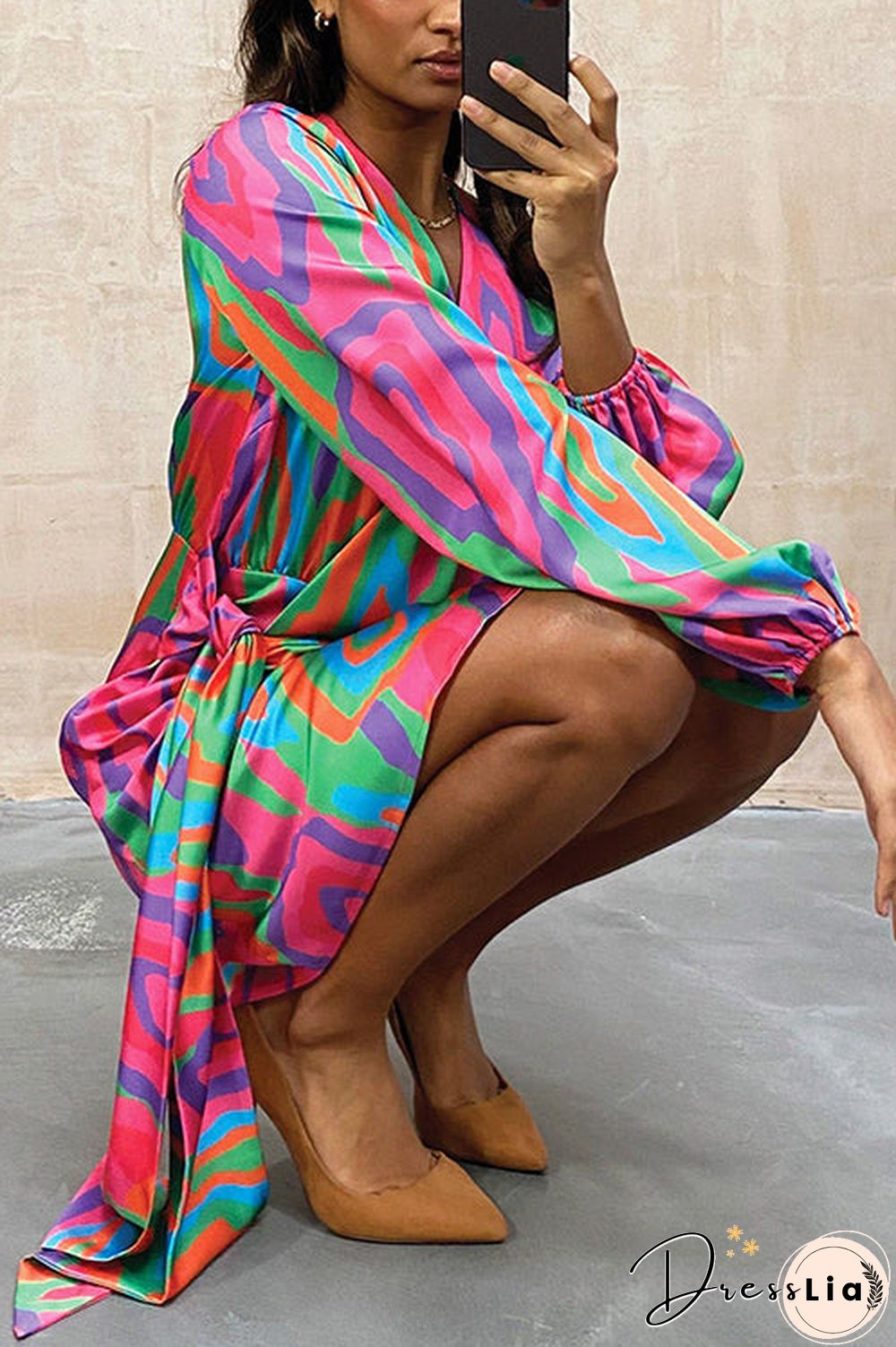 Print Long Sleeve Wrap Mini Dress