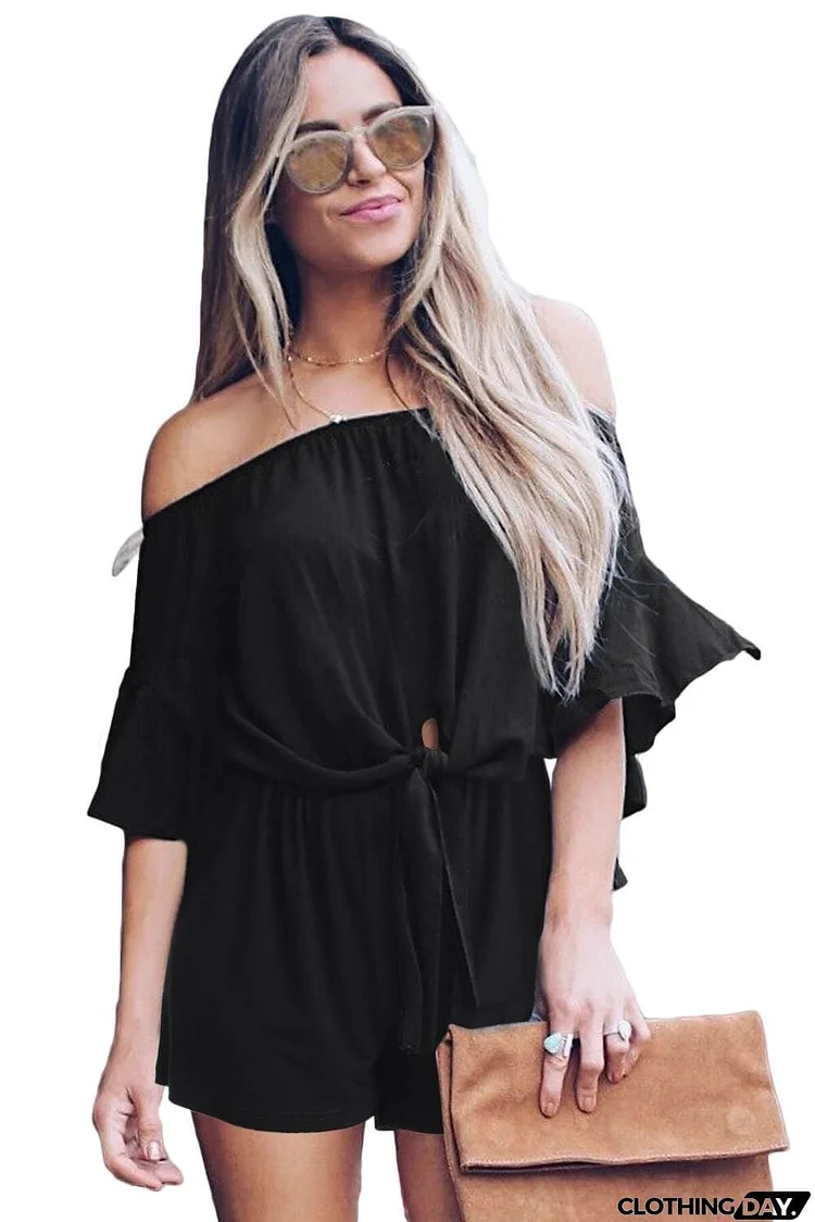 Bell Sleeve Off Shoulder Front Tie Knot Romper