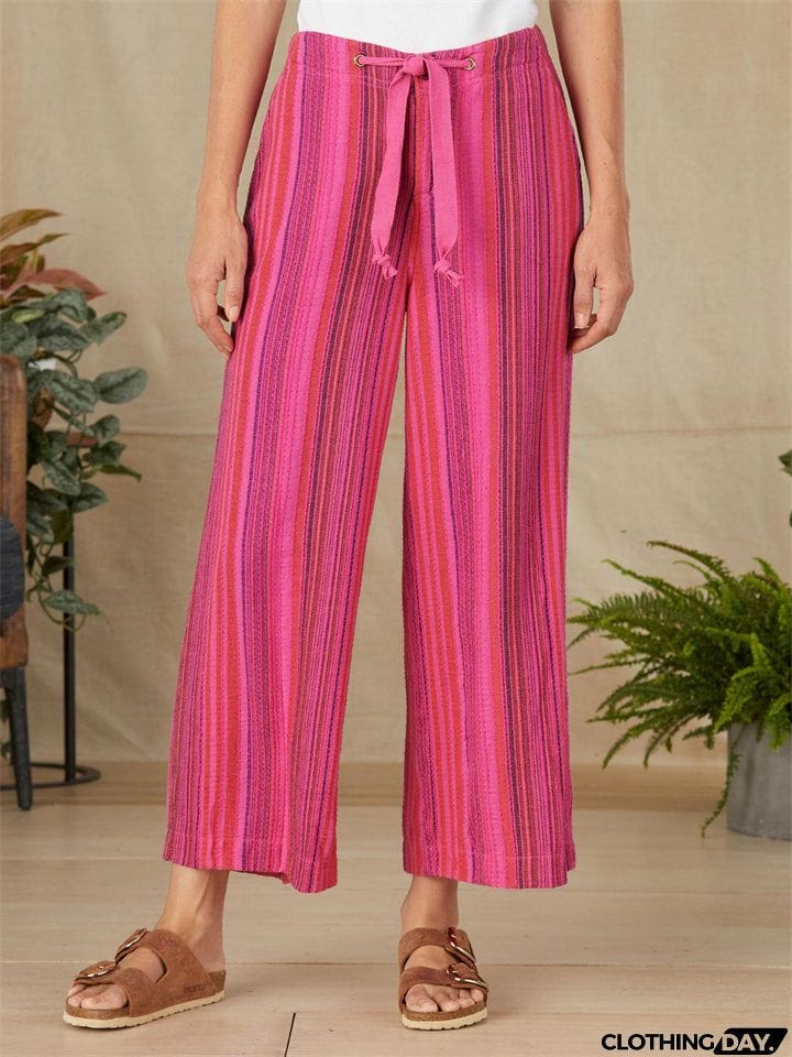 Summer Beach Drawstring Stretchy Stripe Straight Leg Pants for Women