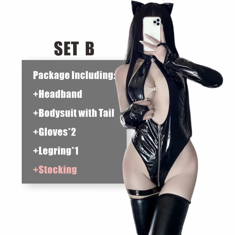 Women Shiny Metalli One Piece Leather Wetlook Zipper Crotch Leotard Bodysuit Sexy Lingerie High Cut Thong Teddy Bodysuit Catsuit