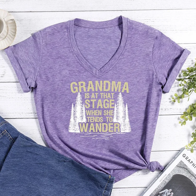 Hiking Grandma Hiker Outdoor Forest V-neck T Shirt-Annaletters