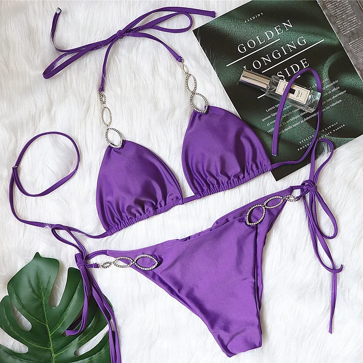 Flaxmaker Holiday Style Halter Straps Solid Color Bikini Swimsuit