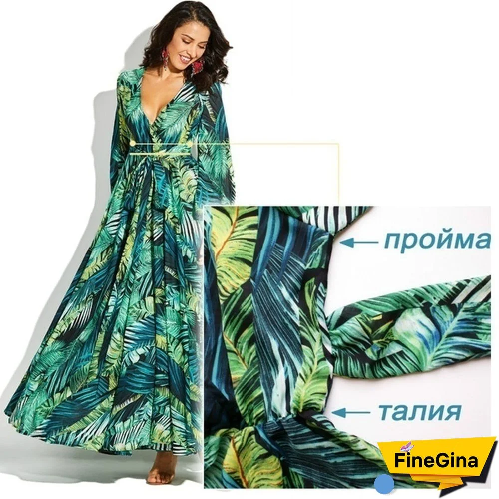 Green Purple Tropical Beach Vintage Maxi Dresses Long Sleeve Dress Boho Casual V Neck Belt Lace Up Tunic Plus Size Dress