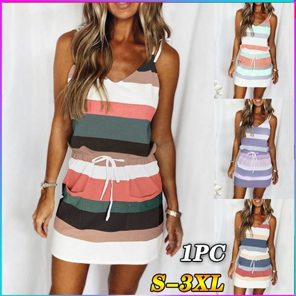 Spring Summer Dresses Plus Size Suspenders Women's Casual Sleeveless Dress T-Shirt Dresses Striped Printed Ladies V-Neck Lace Up Pocket Dress Beach Dress - Shop Trendy Women's Clothing | LoverChic