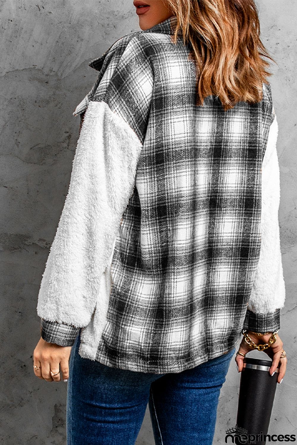Plaid Patchwork Buttoned Pocket Sherpa Jacket