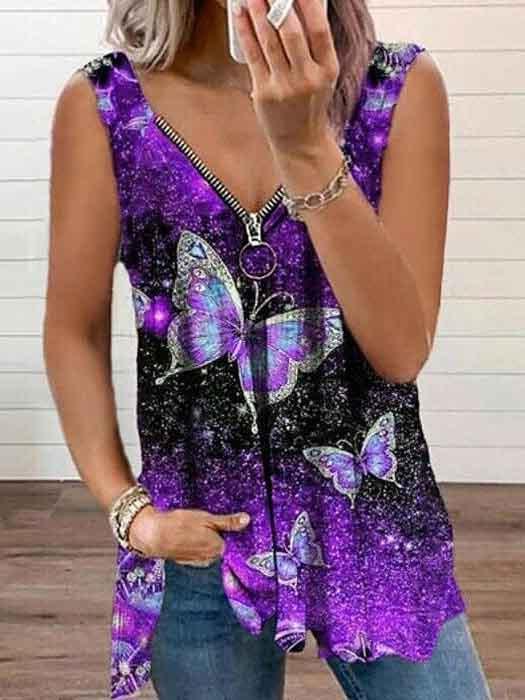 Women's Loose Fashion V-neck Sleeveless Floral Printed Graphic Stitching T-shirt