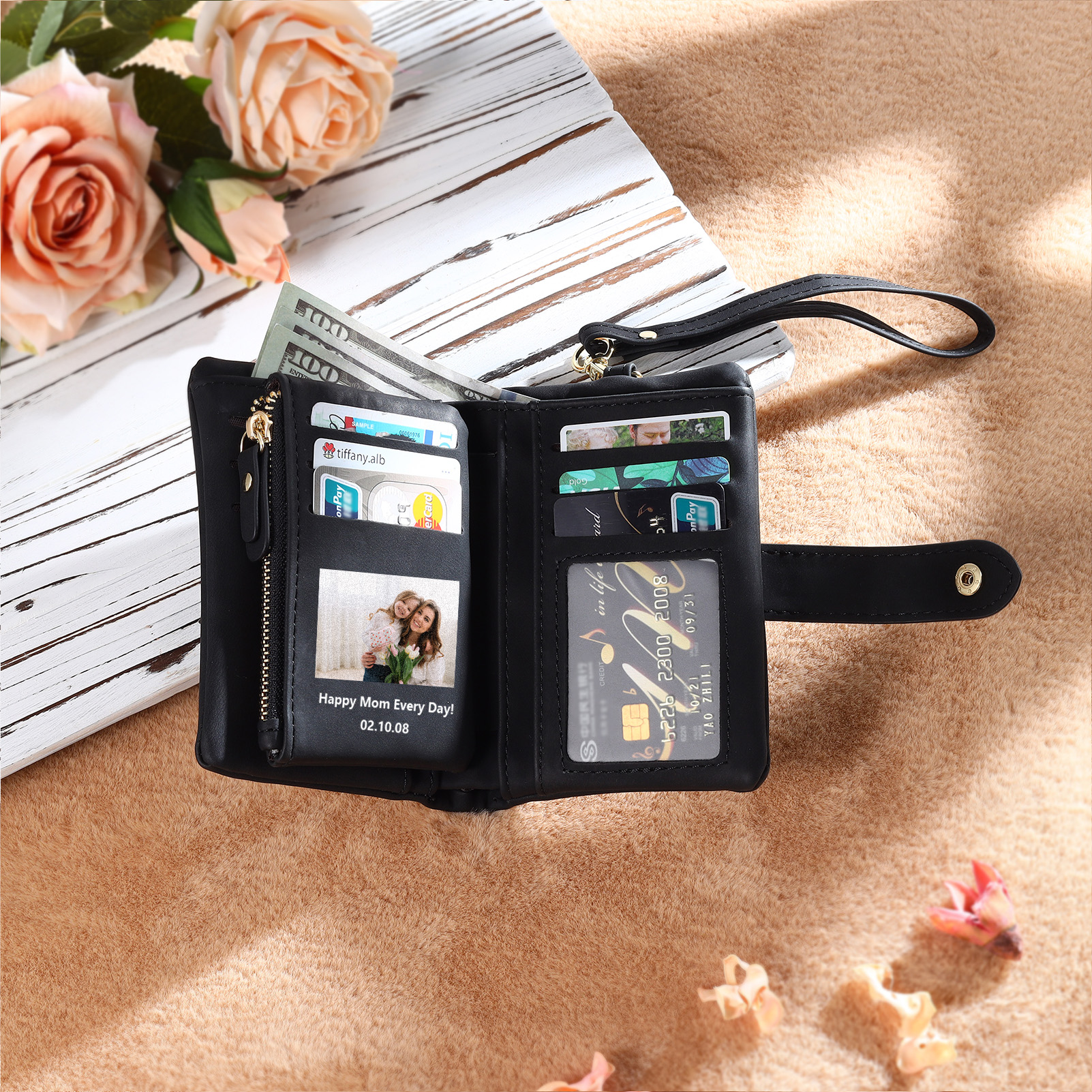 Portafoglio in PU pelle girasole con 1 letetra & 1 testo & 1 nome & 1 foto personalizzati per mamma/nonna