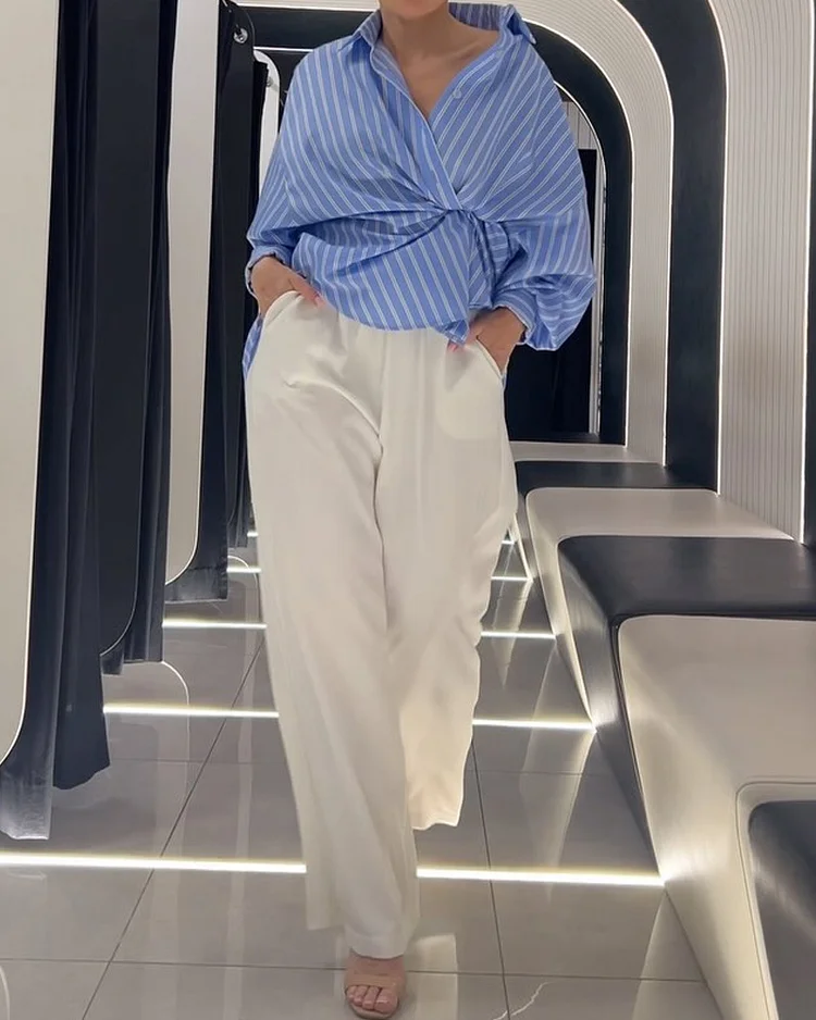 Lapel Striped Top Solid Color Pants Two-piece Set