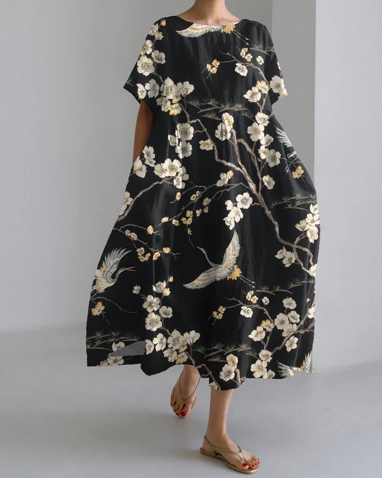 Peach Blossom and Flying Crane Short Sleeve Midi Dress