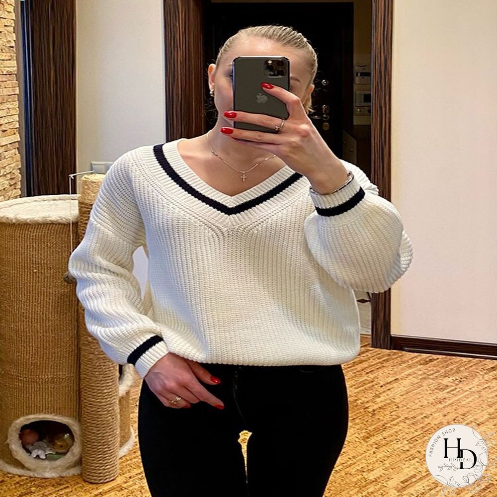 Sweater Women Knitted Casual Loose V-neck Pullover New College Style Fashion Chic Long Sleeve Women's Sweater Autumn Winter