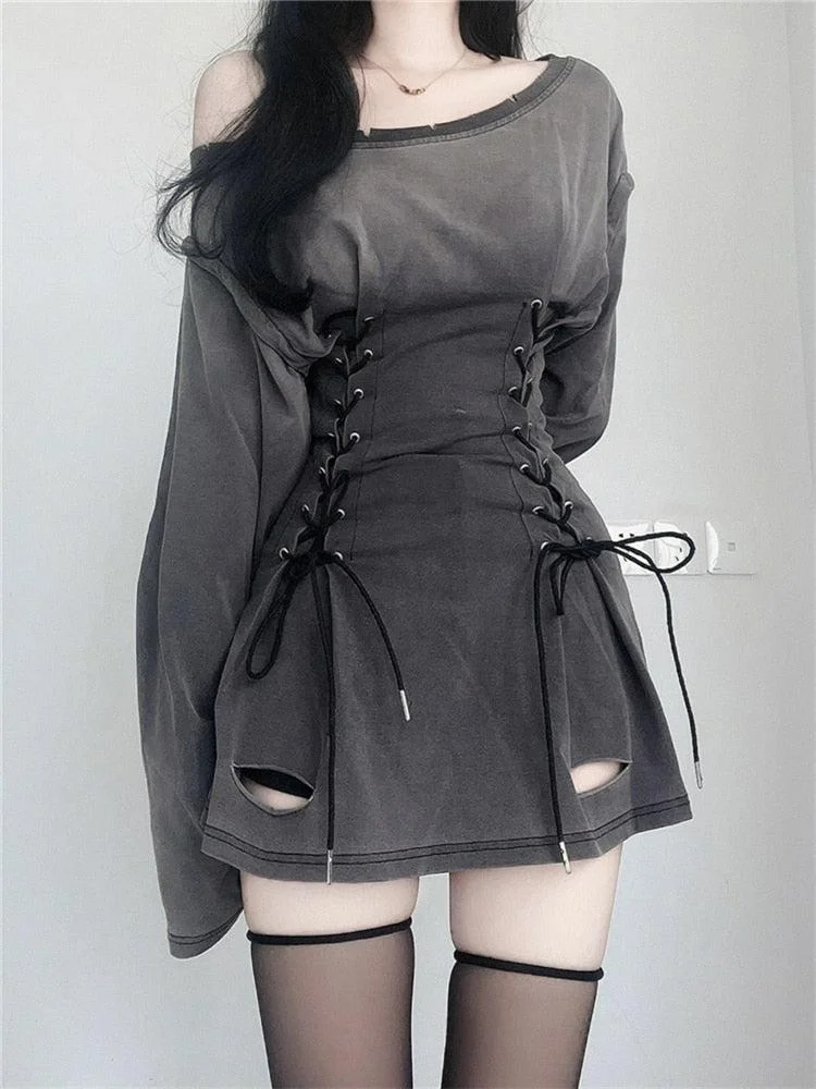Brownm Smoke Lace Up Mini Dress