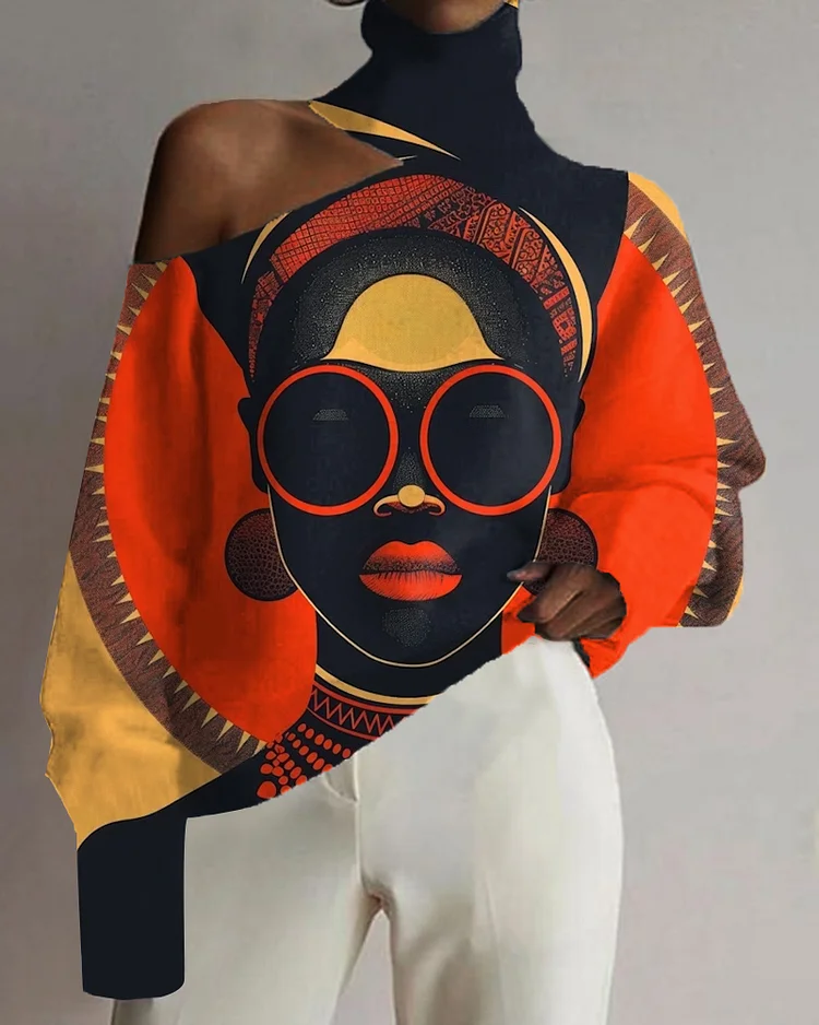 Black Girl Fashion Color Matching Oil Painting Print Off-shoulder Top