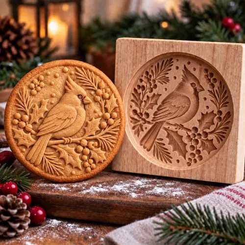 Cardinal design wooden mold with matching cookie