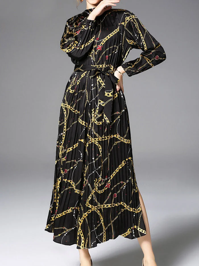 Stand-up Collar Pleated Loose Print Dress