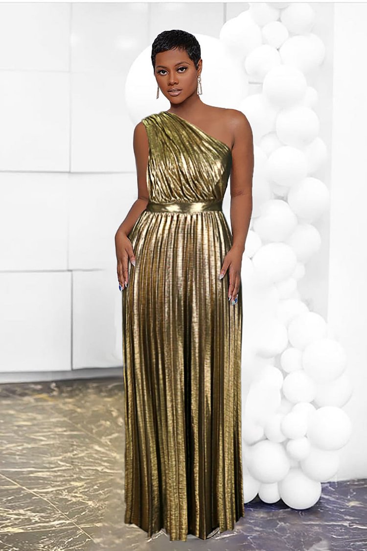 One Shoulder Reflective Pleated Gown Maxi Dresses