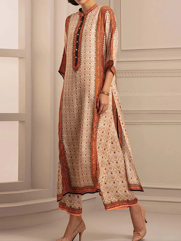 Geo Pattern Mock Neck Button Slit Hem Dress