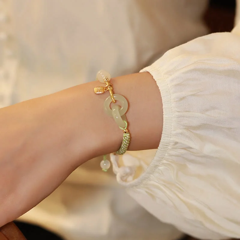 Natural Hetian Jade Bead Double Peace Buckle Fu Character Abundance Braided Bracelet
