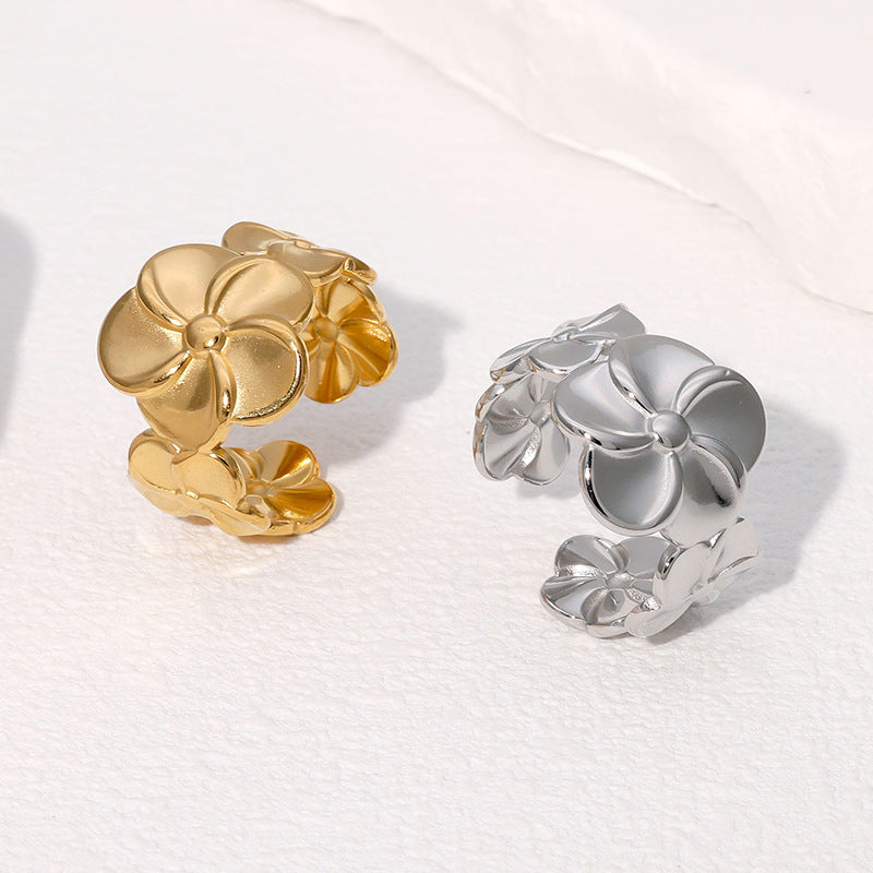 Glossy Flower Simple Cold Style Fashionable All-Match Open Index Finger Ring Gold-Plated Stainless Steel Ring
