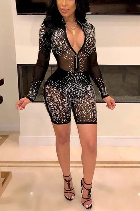 Sexy Hot Drilling Mesh Long Sleeve Romper