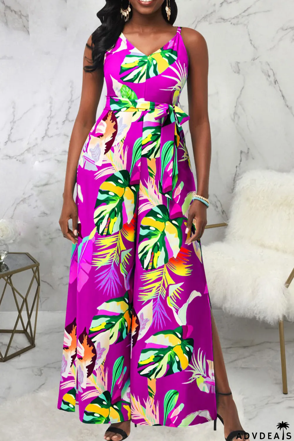 Red Casual Print Patchwork Spaghetti Strap Straight Jumpsuits