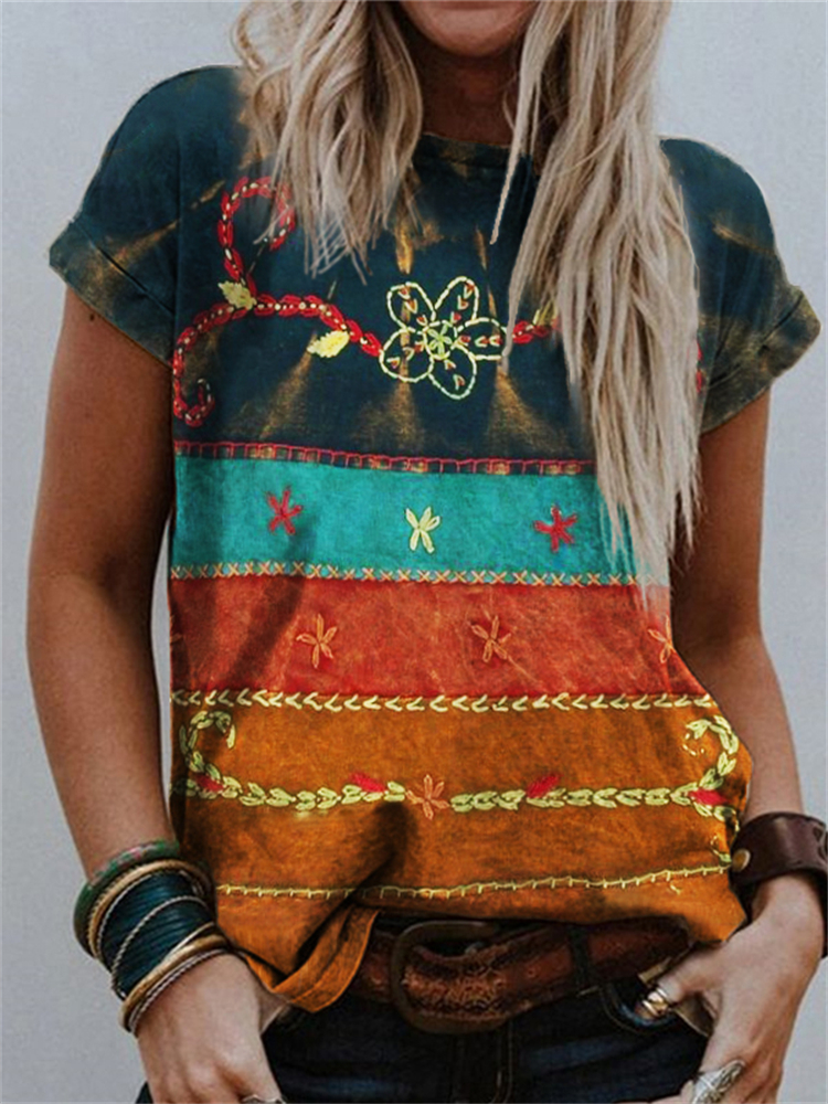 Ethnic Hippie Patchwork Art Crew Neck T Shirt wearshes