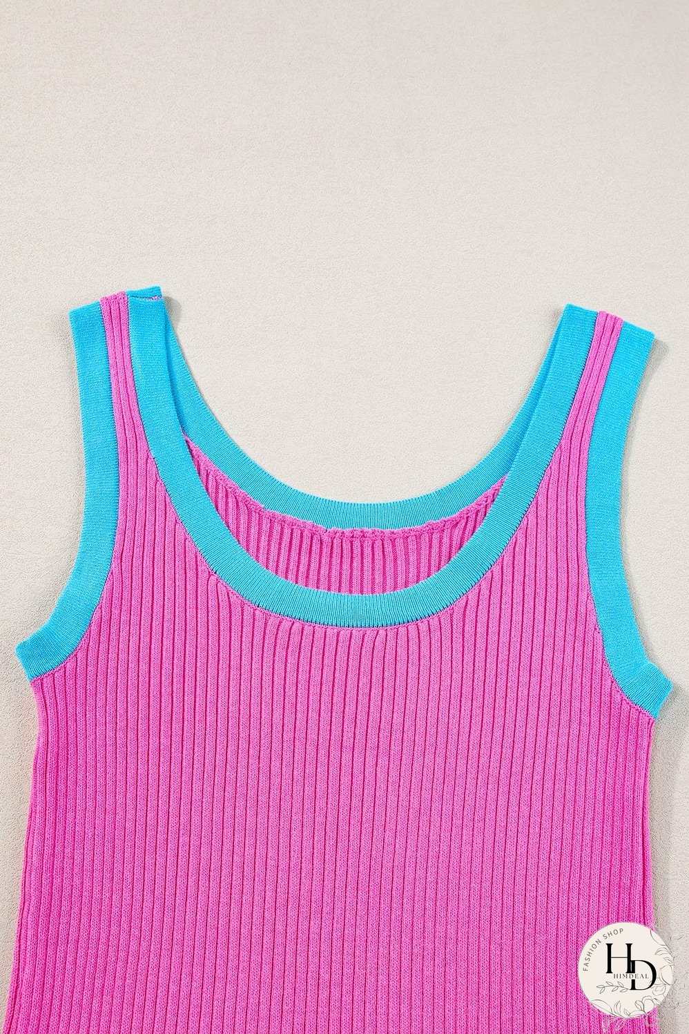 Bright Pink Ribbed Knit U Neck Tank Top with Colorblock Detail