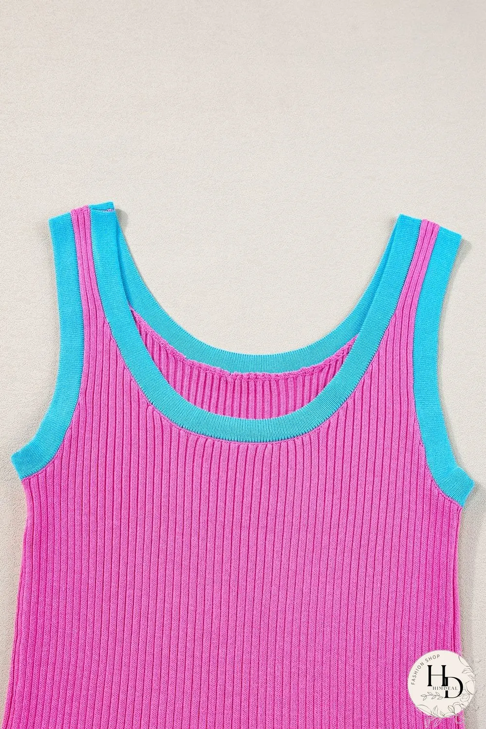 Bright Pink Ribbed Knit U Neck Tank Top with Colorblock Detail