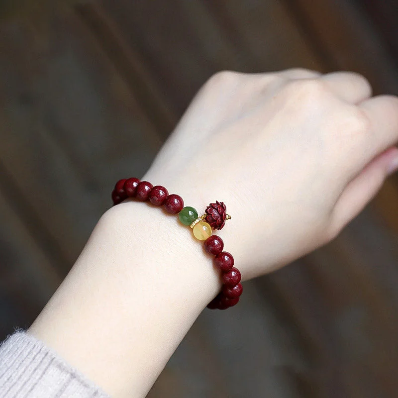 Natural Cinnabar Lotus Luck Blessing Charm Bracelet