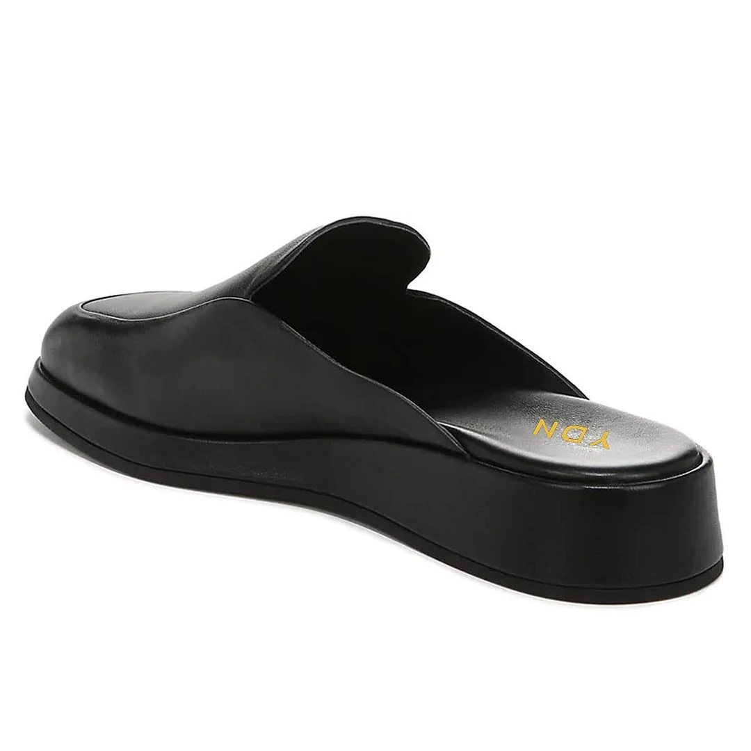 Black Vegan Leather Platform Heel Women's Comfy Backless Mules