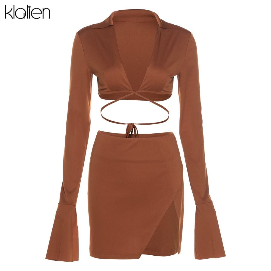 KLALIEN Women Two Piece Skirt Set Autumn New Casual Elegant Solid T Shirt and Mini Skirt Two Piece Set Office Lady Skirt Set