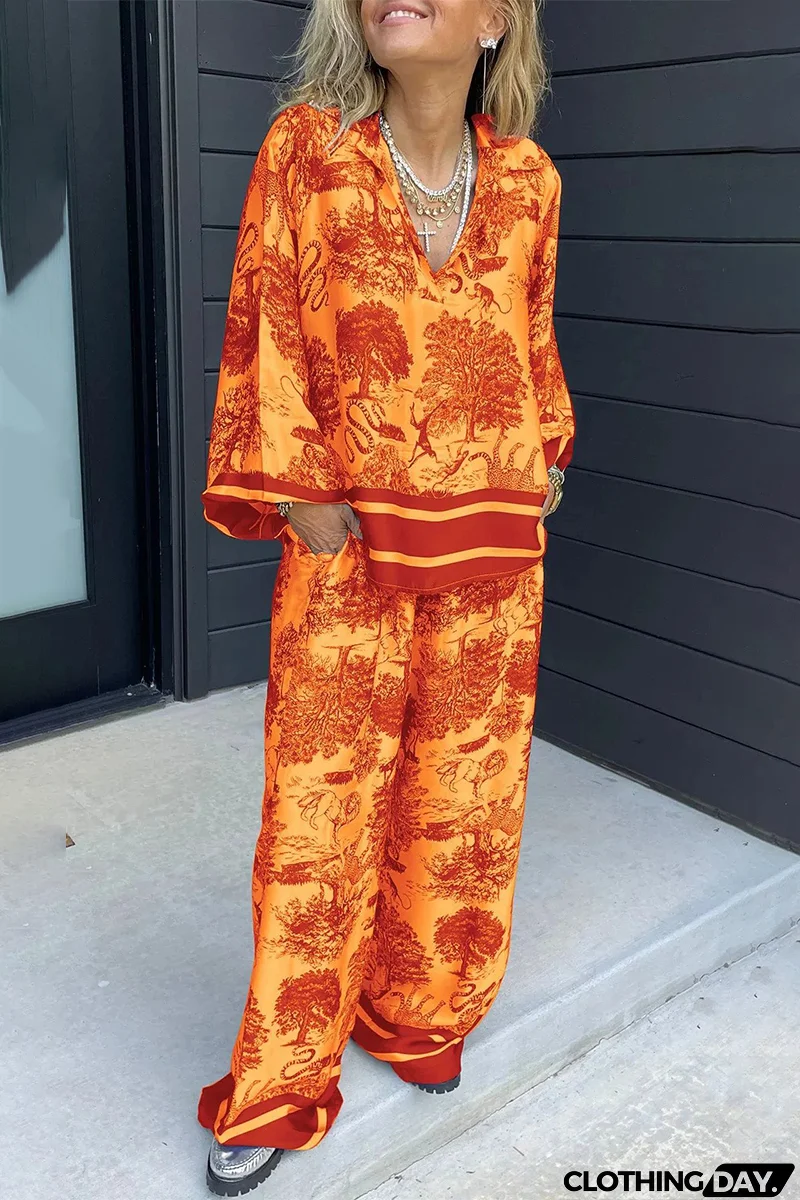 Casual Street Floral Print Distressed Draw String Pocket V Neck Long Sleeve Two Pieces(8 Colors)