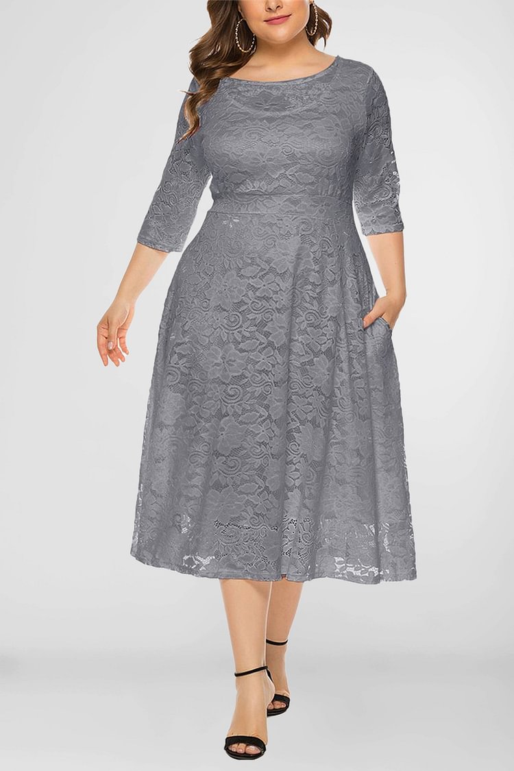 Plus Size Solid Lace Pocket Round Neck 3/4 Sleeve Tunic Midi Dress