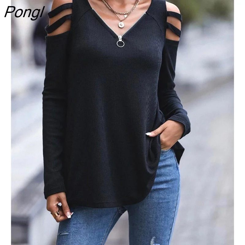Pongl Casual Women's Zipper Off Shoulder Solid Color T-shirt Hollow Out Spliced Long Sleeve Tops Autumn Winter Female Clothing