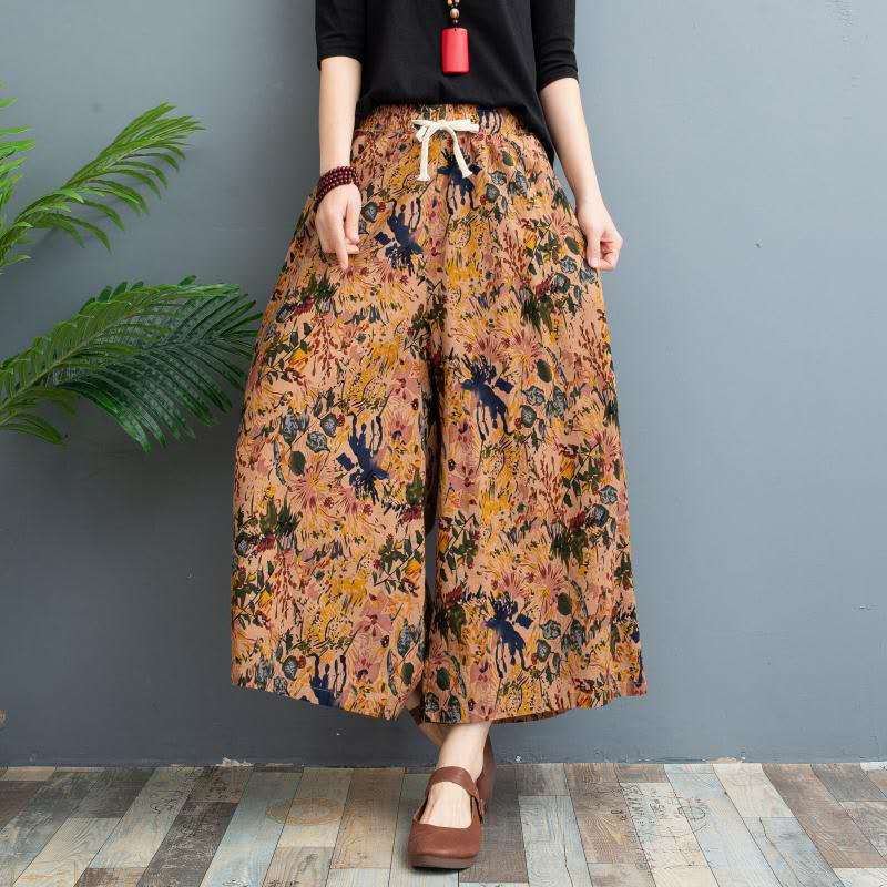Linen Culottes Women's Summer Wear Thin Loose Large Floral Cropped