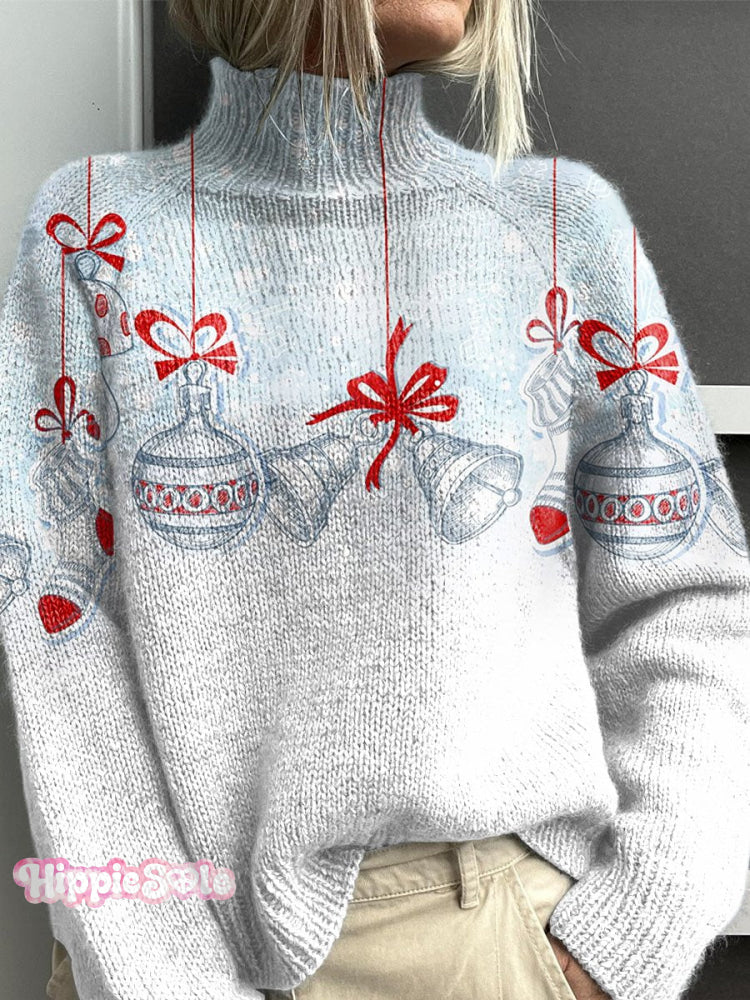 Christmas Bell Decoration Art Print Knit Turtleneck Pullover Sweater Multicolor / S