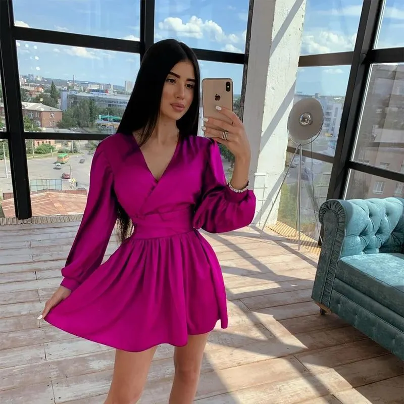 Women Sexy Sashes Satin A Line Mini Dress Deep V Neck Front Cross Lantern Sleeve Drawn Back Casual Dress 2021 New Women Dress