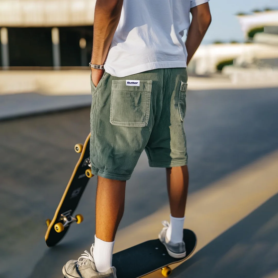 Men's Vintage Corduroy Pockets Baggy Light Green Casual Streetwear Shorts