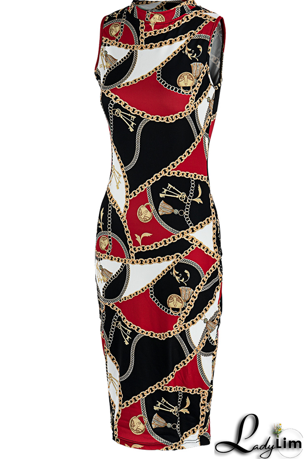 Yellow Casual Print Split Joint Half A Turtleneck Pencil Skirt Dresses